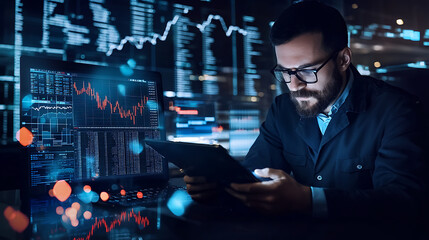 Analyzing financial data corporate office digital workspace high-tech environment close-up investment strategies