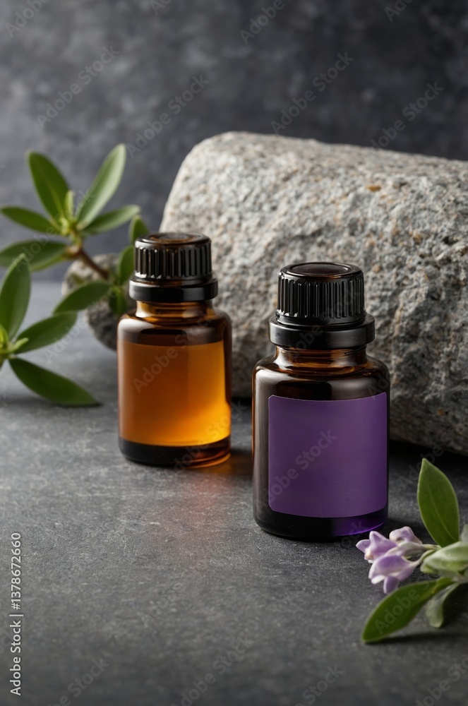 Poster essential oils displayed on a stone surface with greenery in a calm setting during daylight hours