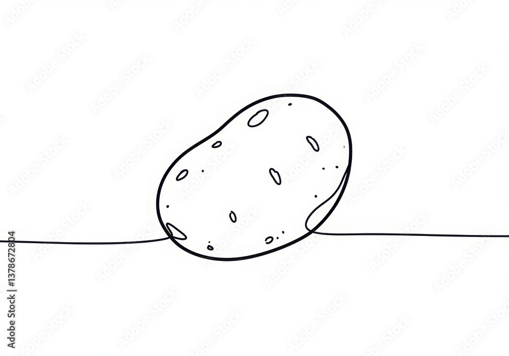 Poster a simple line drawing of a potato with eyes resting on a single continuous line on a white backgroun