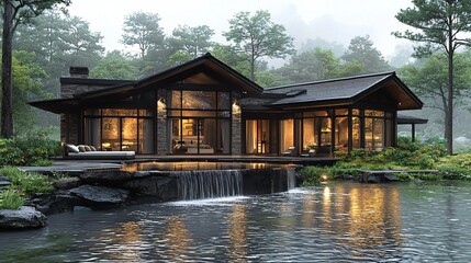 Fototapeta premium Serene Lakeside Modern Home Waterfall Retreat of excellence in splendor beyond compare with grace.