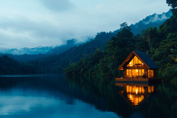 Fototapeta premium wooden house floats on serene lake, surrounded by lush green mountains and misty clouds. warm glow from windows reflects beautifully on water surface