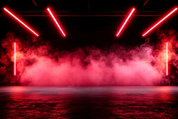 Vibrant abstract background with neon pink and red lights illuminating smoky atmosphere, creating dramatic and energetic scene