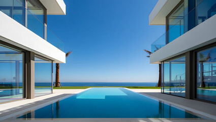 Fototapeta premium Minimalistische Architektur mit Pool und direktem Blick aufs Meer 