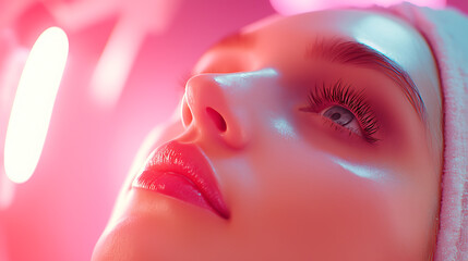 Beauty portrait of a model with glowing skin studio photography colorful lighting close-up aesthetic trends