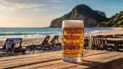 beer mug on a wooden table on the beach