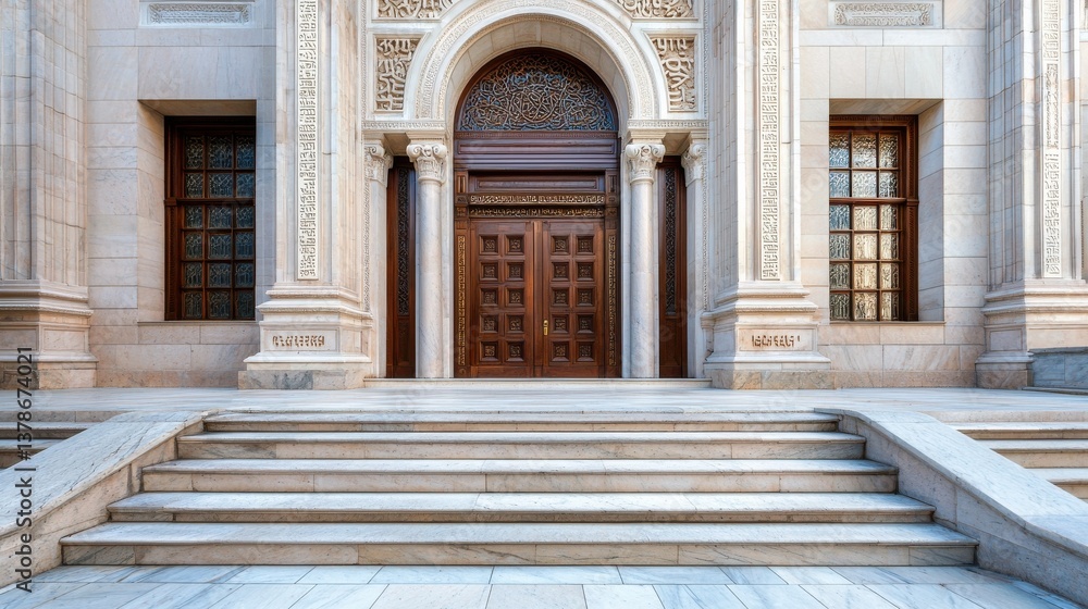 Poster the front of a building with a large archway and a pair of doors