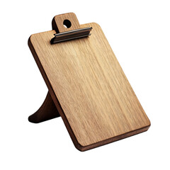 A close up of a wooden clipboard with a metal clip on a black background