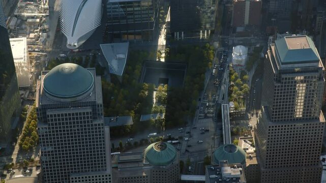 Aerial View of Beautiful Skyline of Lower Manhattan. Famous Buildings, 911 Memorial. Traffic. New York City, NYC, United States. High Quality Content Shot From Helicopter.