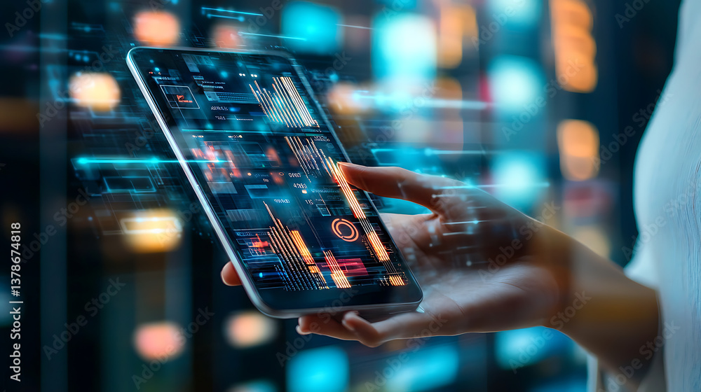 Poster data analysis event digital workspace smartphone interaction modern environment close-up viewpoint t