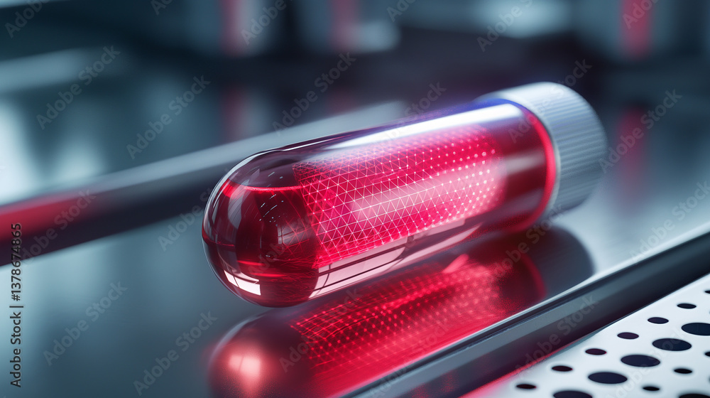 Poster this bright red liquid in a vial is under study in a cutting-edge biomedical lab.