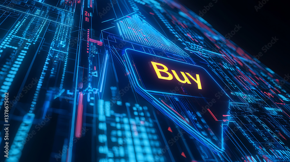 Poster digital buy button action virtual marketplace graphic design futuristic environment close-up view e-