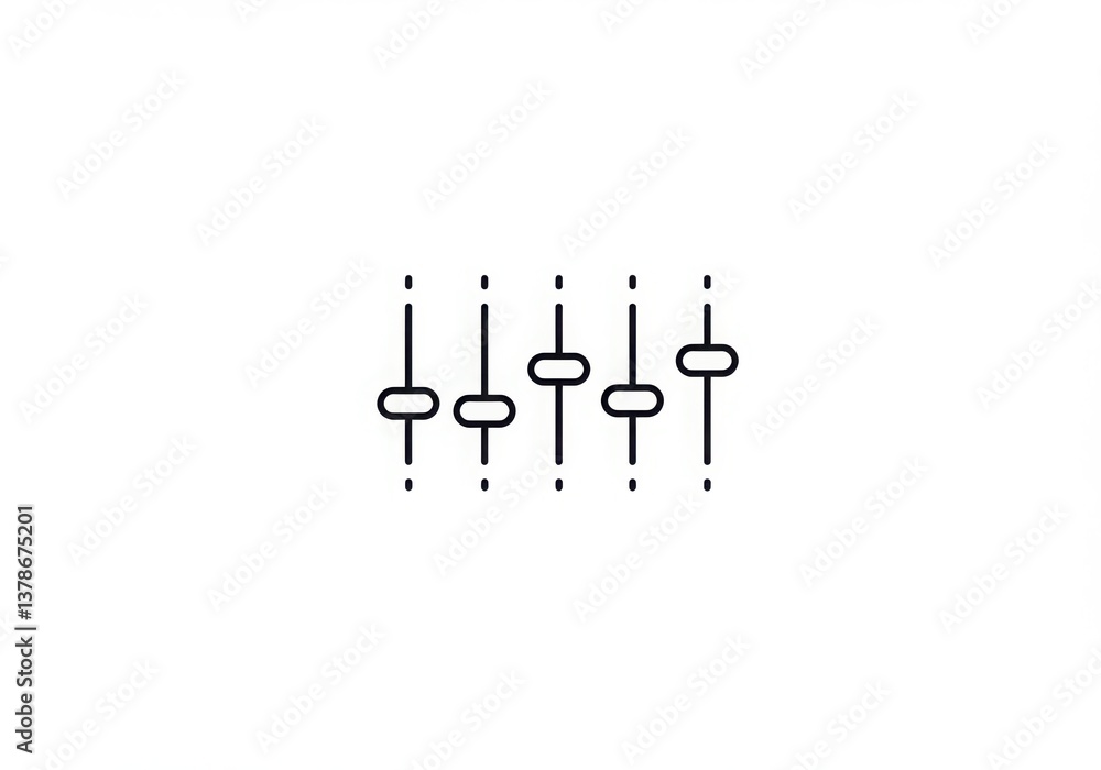 Poster five vertical sliders with knobs in a line on a white background in a minimalist style illustration
