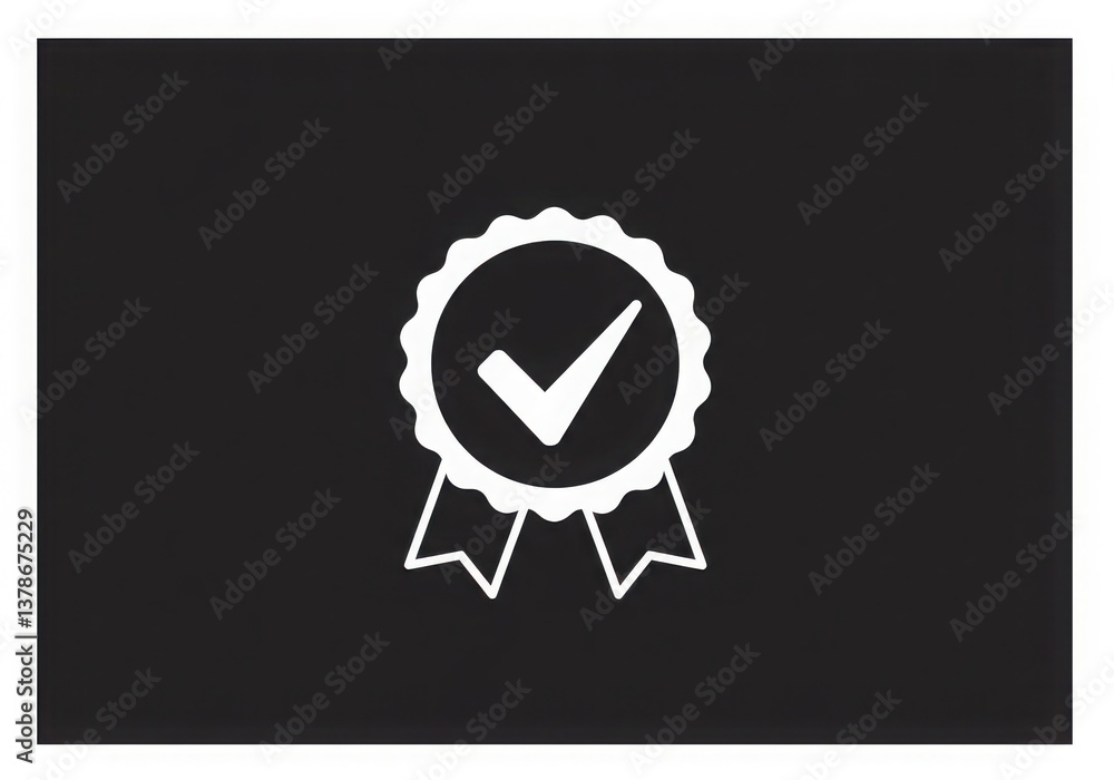 Poster white badge with checkmark and ribbons on a black background representing quality assurance icon