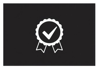 White badge with checkmark and ribbons on a black background representing quality assurance icon