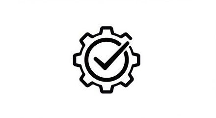 A black and white icon of a gear with a check mark in the center on a white background