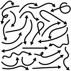  Hand drawn arrows icons vector design. Swirls arrows doodle lines icon set, Hand-drawn line arrows set. Vector curvy, wavy and straight arrows isolated on white background, Doodle style arrow vector