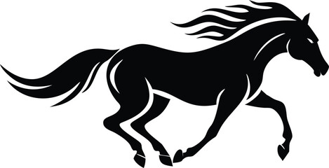 Running Horse Silhouette with Flowing Mane, Elegant Stallion Icon, White Background