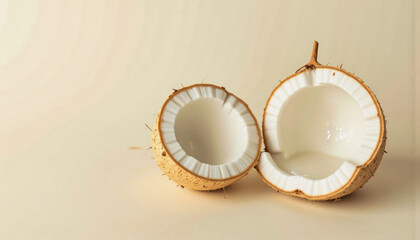 Modern food photo advertisement: A cracked coconut displays its white flesh after being split in half, revealing the inner layers and fibers.