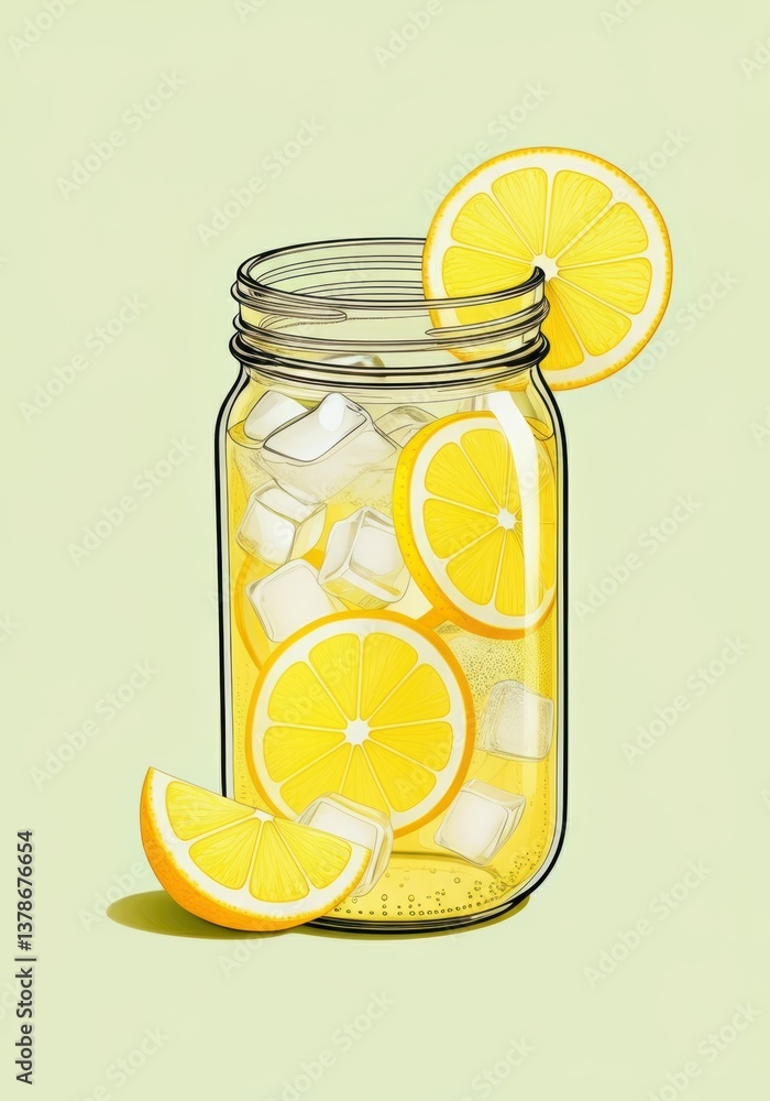 Poster refreshing lemonade in a jar with ice and lemon slices
