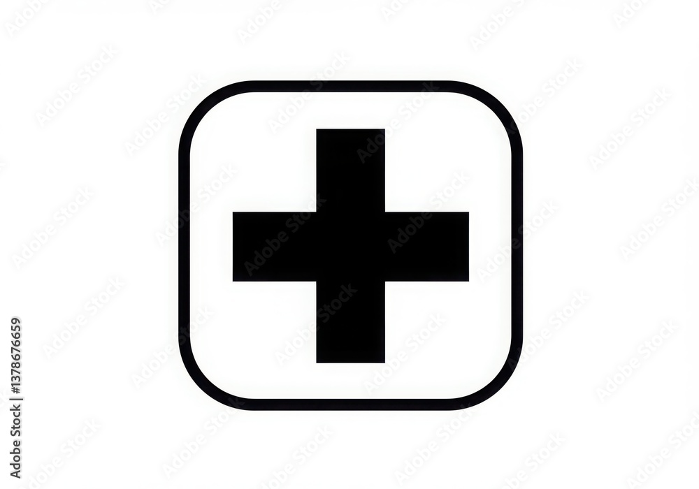Poster black plus sign centered in a rounded square frame on a white background simple and clean design