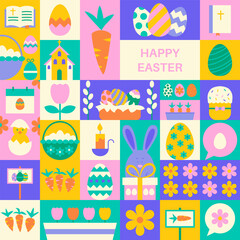 Happy Easter Square Geometrical. Vector Illustration of Seasonal Religious Holiday. Spring Background. Egg Hunt and Bunny. Polygonal and Triangular.