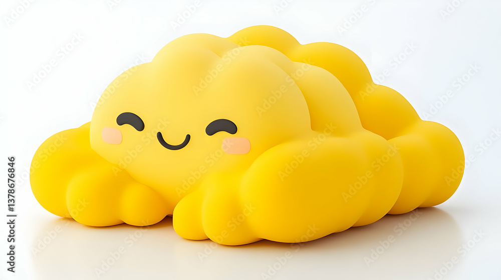 Fototapete cute yellow cloud character with kawaii smiling face with soft texture on white background rendered 