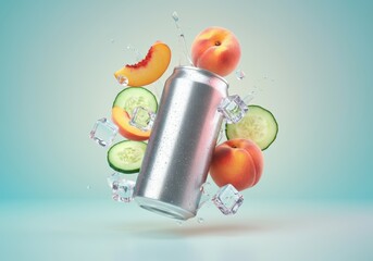 Obraz premium Refreshing beverage can surrounded by peaches, cucumber, and ice cubes