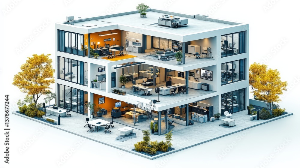Poster modern multi-story office building with open spaces, greenery, and collaborative work areas