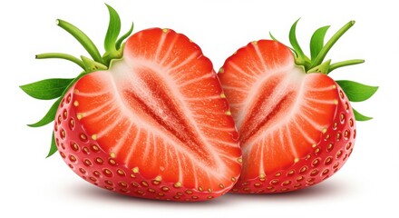 A close up of two strawberry halves with green stems and leaves on a white background studio shot