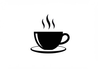 A simple black and white graphic of a coffee cup with steam rising on a white background space