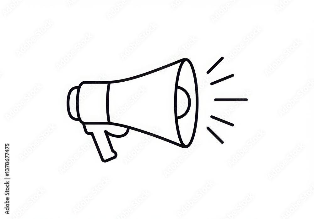 Poster a simple line drawing of a megaphone with sound waves emanating from the speaker on white background