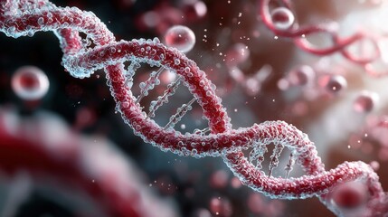 A close up of a DNA strand with red and blue colors