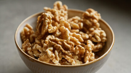 Bowl filled with fresh walnuts placed on a neutral background depicting healthy snack option.