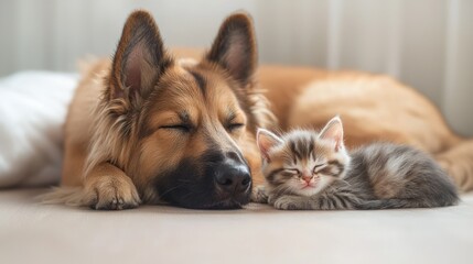 Obraz premium Dog and kitten sleeping together