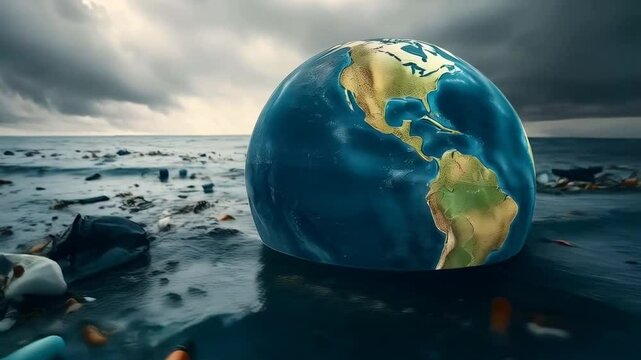Climate change and sea pollution represented by an earth floating in the ocean surrounded by garbage