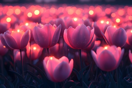 Glowing bioluminescent tulips lighting up a serene nighttime landscape
