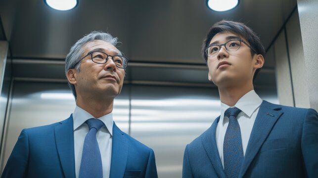 Business professionals in an elevator discussing future plans and strategies during a busy workday in a modern office building - Powered by Adobe