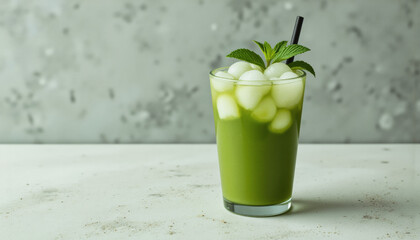 Modern food photo advertisement: A vibrant green matcha drink filled with ice and garnished with mint sits in a glass on a light surface against a textured grey wall.