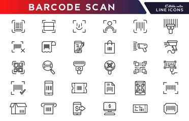 Barcode line icon set. QR code, scan, scan me, payment barcode, scanning process, product, and scanner outline icon collection. UI thin outline icon pack