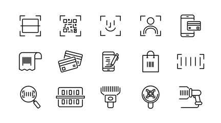 Barcode line icon set. QR code, scan, scan me, payment barcode, scanning process, product, and scanner outline icon collection. UI thin outline icon pack