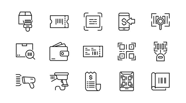 Barcode line icon set. QR code, scan, scan me, payment barcode, scanning process, product, and scanner outline icon collection. UI thin outline icon pack