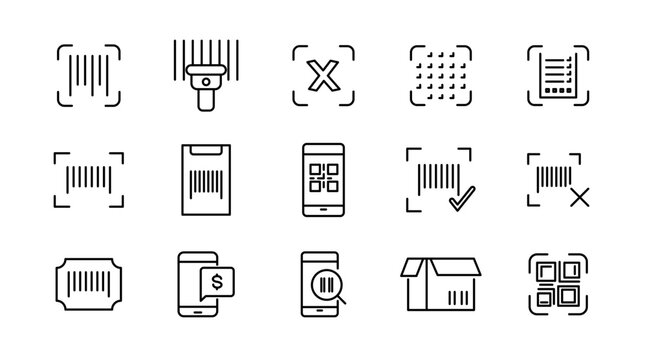 Barcode line icon set. QR code, scan, scan me, payment barcode, scanning process, product, and scanner outline icon collection. UI thin outline icon pack