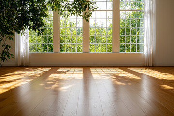 Bright and airy room with large windows, showcasing natural light and greenery. wooden floor reflects sunlight, creating warm and inviting atmosphere