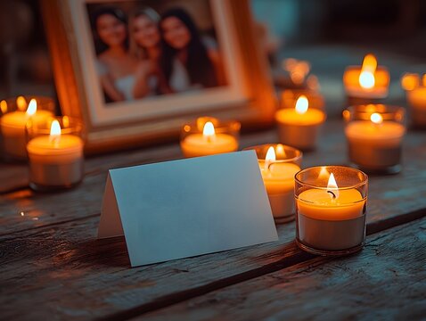 Farewell Gift Card Surrounded by Glowing Candles and Framed Photo