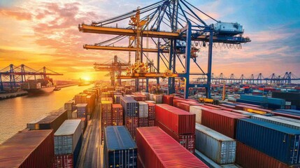 Shipping operations under sunset port city aerial view industrial environment cargo transportation