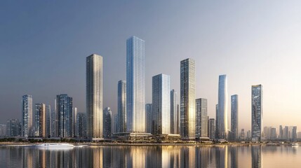 Fototapeta premium Urban skyscrapers rising above water cityscape photography sunset aerial view modern architecture
