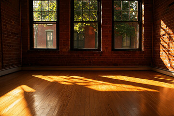 Fototapeta premium Bright sunlight streams through large windows, casting shadows on warm wooden floor of empty loft style room with exposed brick walls, creating serene atmosphere