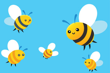 Cartoon Bees with Wings Flying in Sky Blue Background Flat