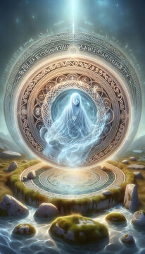 A peaceful spirit messenger visualized within a three-dimensional Celtic mandala of interlocking trinity knots and spirals with glowing runic inscriptions.