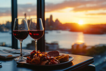 romantic dinner setting with two glasses of red wine and delicious meal against stunning sunset view. ambiance is perfect for special occasion